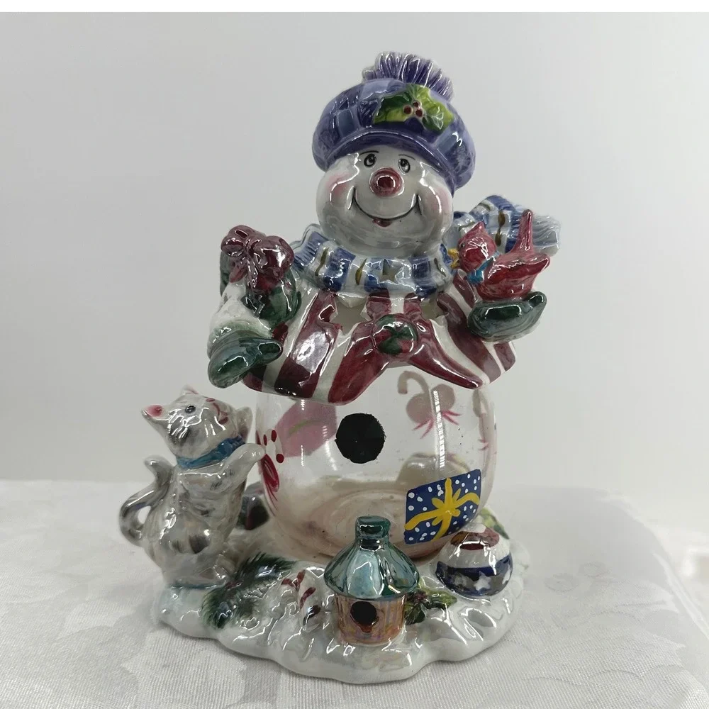 Unbranded Snowman Candle Holder Multicolor Good Ceramic Glass 2-Piece Holiday